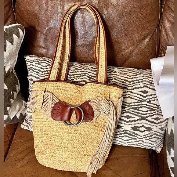 Vintage y2k Polo Jeans Ralph Lauren Leather Raffia Macrame Purse - Picture 2 of 12